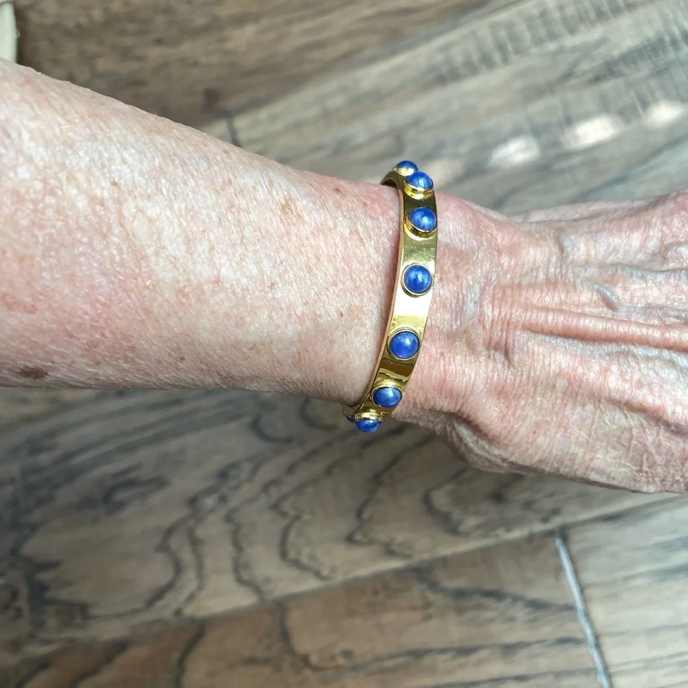 Kate Spade New York Signed Gold with Blue Marble Cabochon Studded Cuff Bracelet